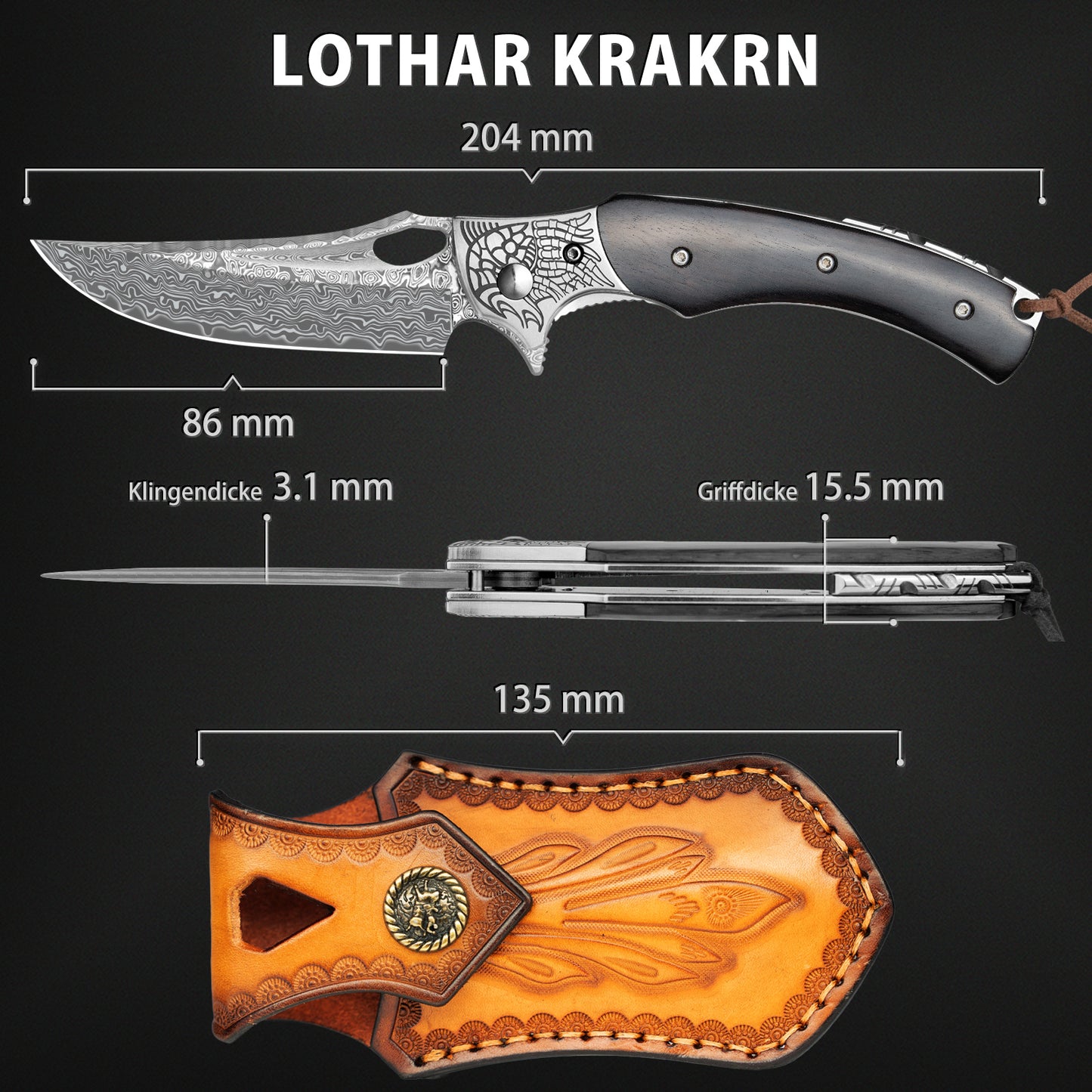 Couteau de poche LOTHAR KRAKEN, couteau pliant Damas en 67 couches d'acier Damas VG10, couteau de poche Damas avec lame tranchante et manche en ébène, couteau Damas pour collection ou cadeau (ébène)