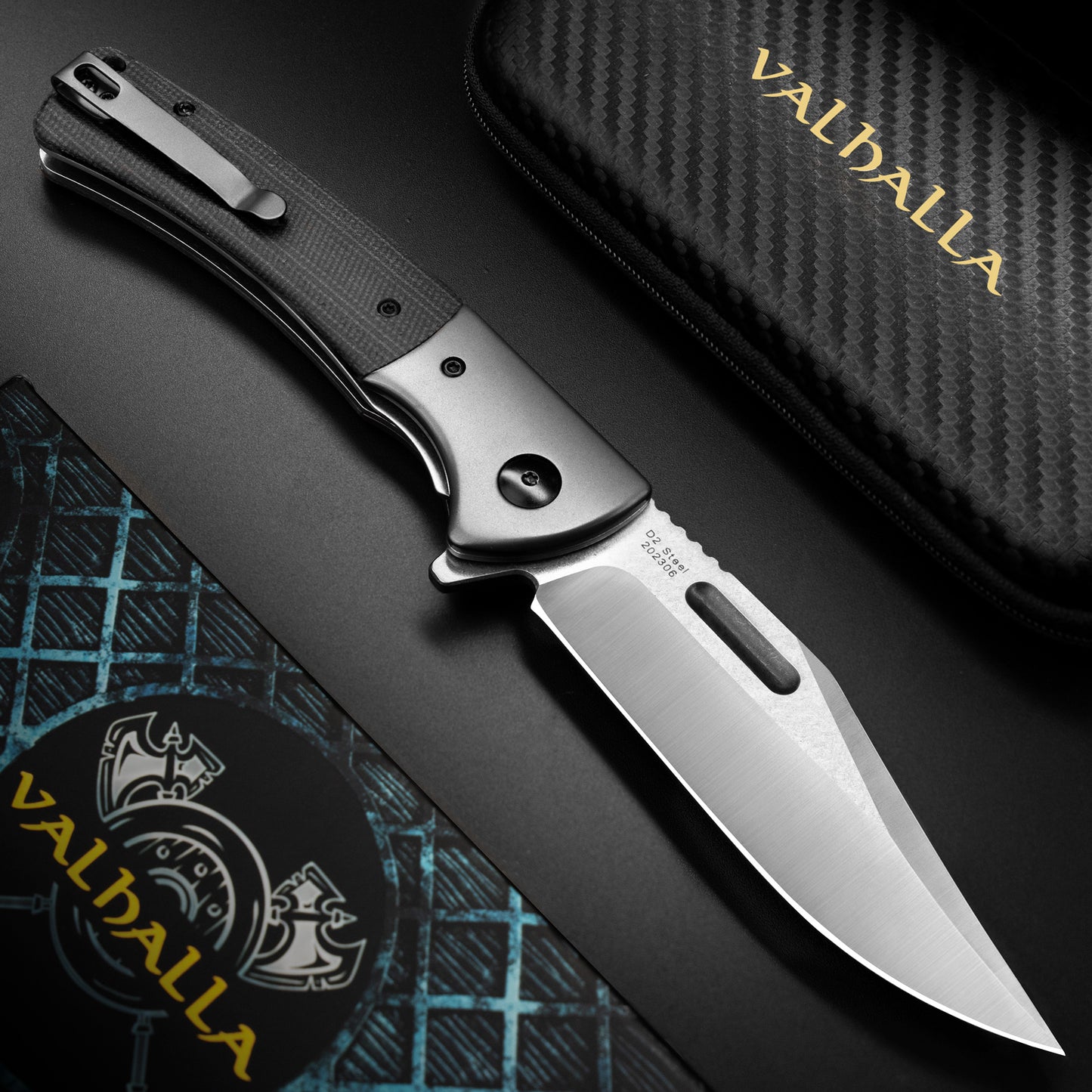 LOTHAR PTEROSAUR Couteau pliant, couteau à ouverture à une main en acier D2 avec manche Micarta, couteau de poche avec clip de ceinture, couteau d'extérieur, convient pour la collection