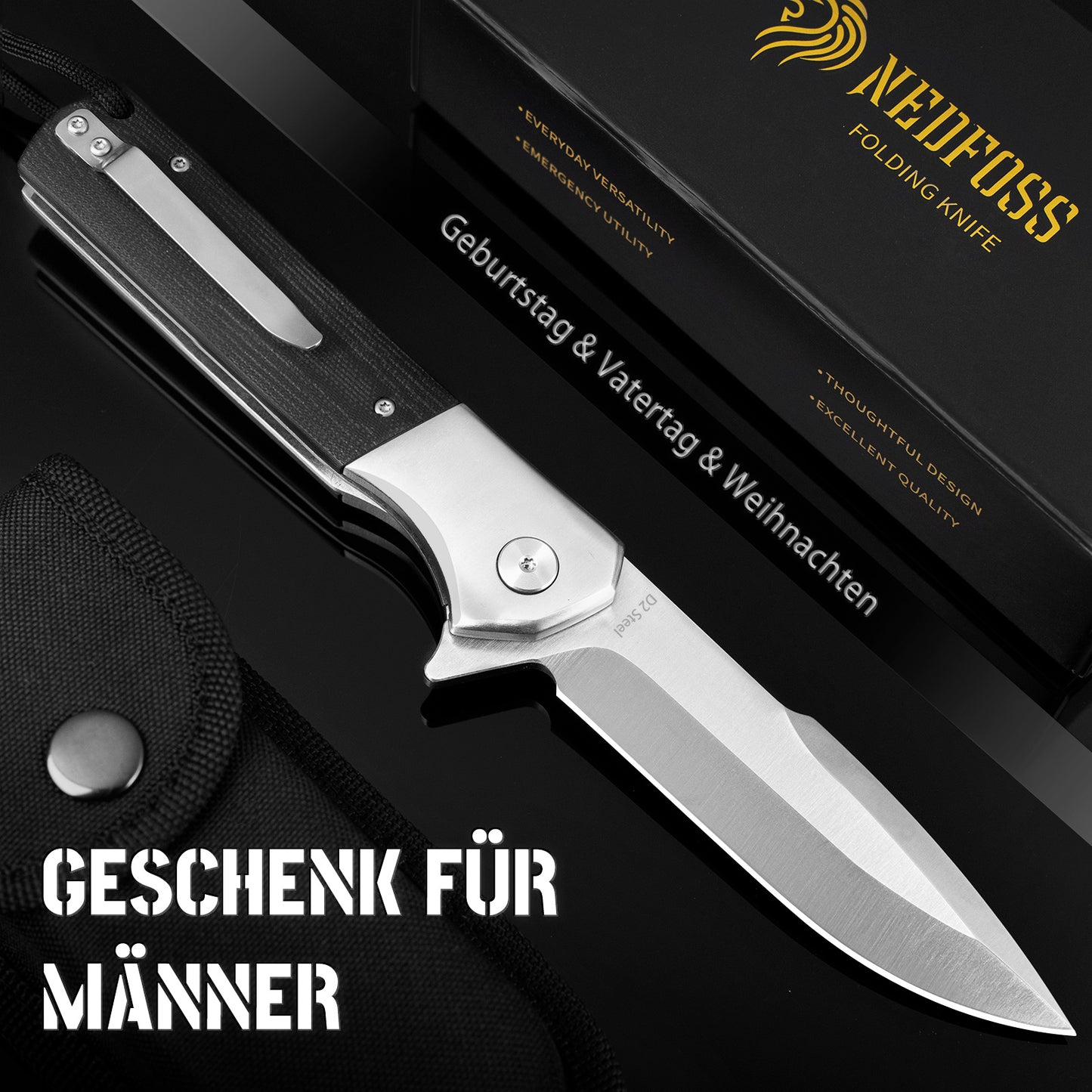 NedFoss BEAST Folding Knife, 10cm D2 Steel Blade Pocket Knife with G10 Handle, One-Handed Knife with Liner Lock & Ball Bearings, Outdoor Knife with Clip, Survival Knife for Collection & Gift