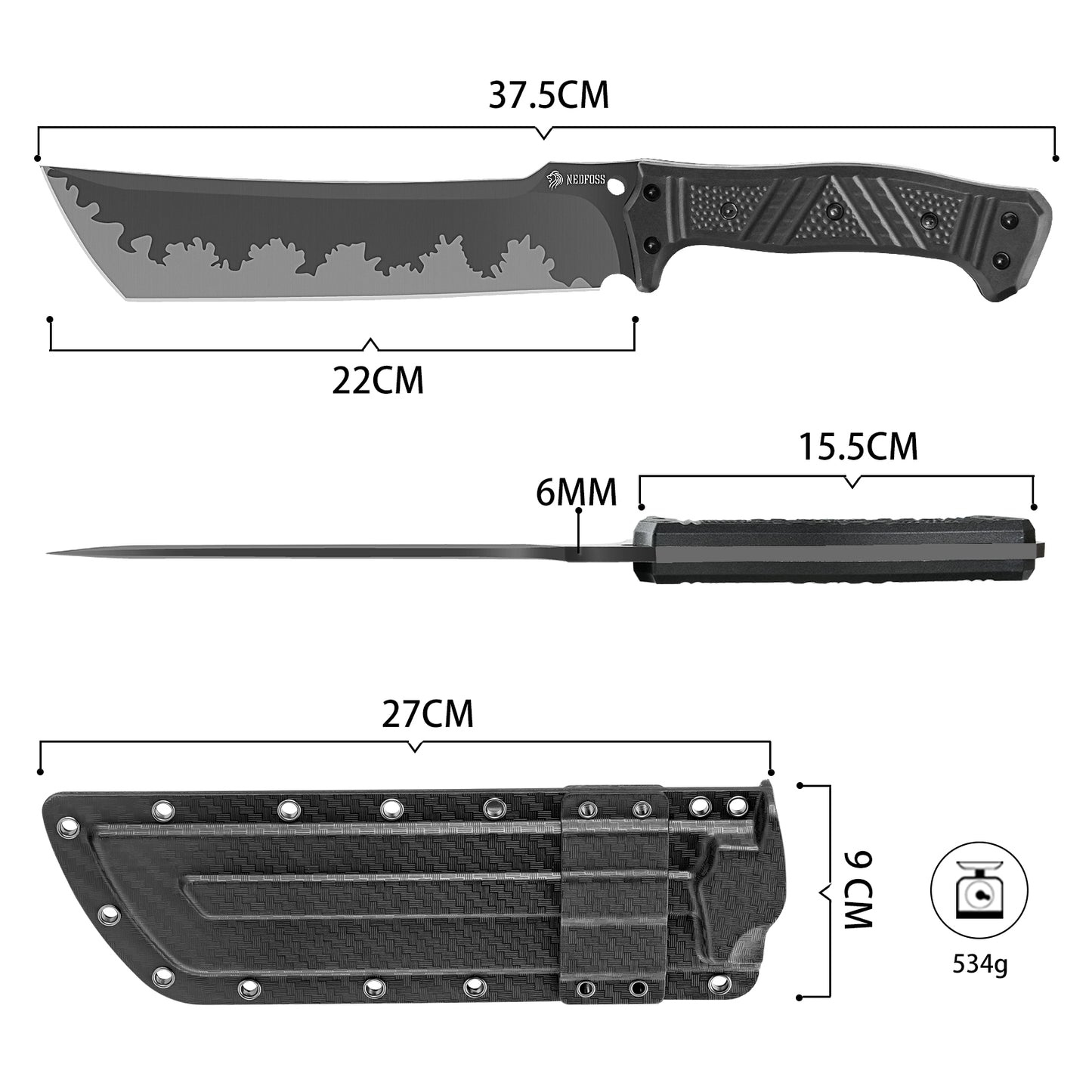 NedFoss Machette FÖRSTER, grande machette de survie FULL TANG de 37,5 cm en une seule pièce d'acier avec étui, couteau d'extérieur aiguisé, couteau de brousse pour le jardinage, le bushcraft et l'extérieur