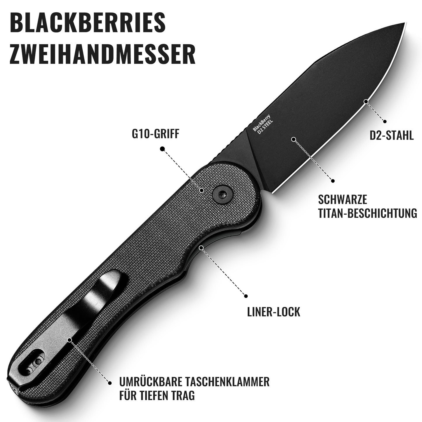NedFoss BROMBEERE Couteau Pliant, Couteau de Poche en Acier D2 avec Manche G10 et Clip, Couteau Pliant Légal avec Liner Lock et Roulement à Billes, Couteau EDC pour Usage Quotidien, Collection et Cadeau