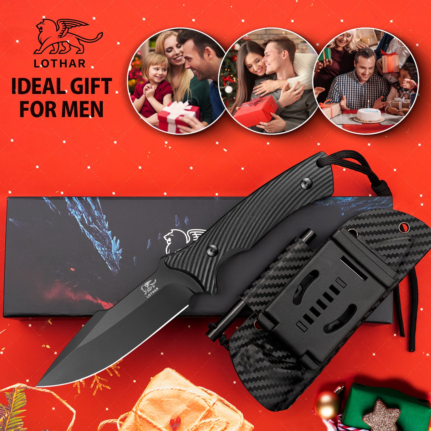 LOTHAR Couteau de survie pour homme, lame D2 pleine soie, lame fixe, couteau de chasse avec étui Kydex et manche G10, couteau de chasse pour le camping et les activités de plein air, cadeau de Noël pour homme, papa, mari