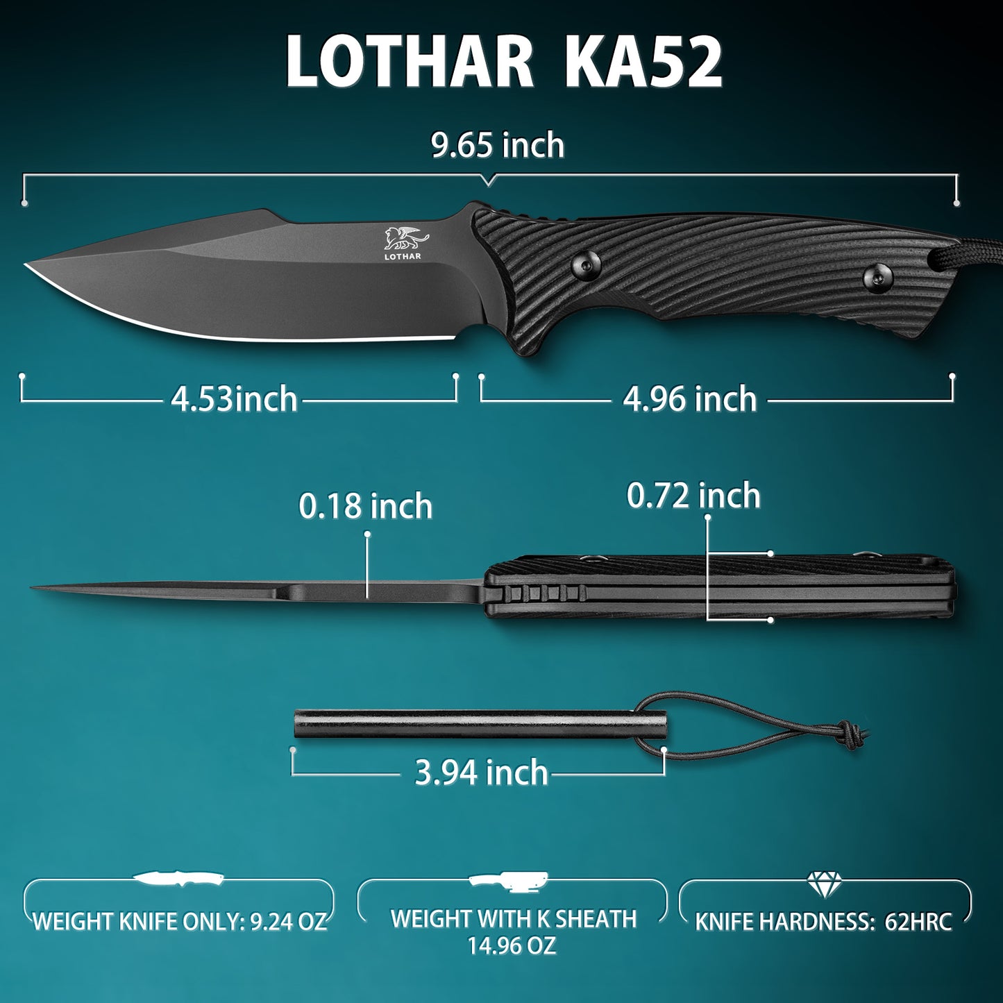 LOTHAR Couteau de survie pour homme, lame D2 pleine soie, lame fixe, couteau de chasse avec étui Kydex et manche G10, couteau de chasse pour le camping et les activités de plein air, cadeau de Noël pour homme, papa, mari