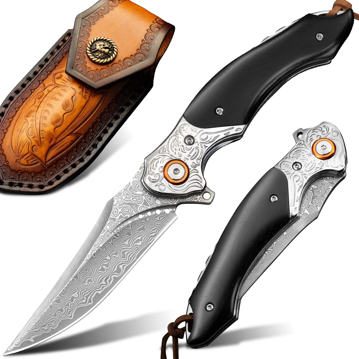LOTHAR TUNA Damascus Folding Knife, Damascus Pocket Knife Made of 67 Layers of VG10 Damascus Steel, One-Handed Knife with Sharp Blade and Rosewood Handle, Belt Clip, for Collection or Gift