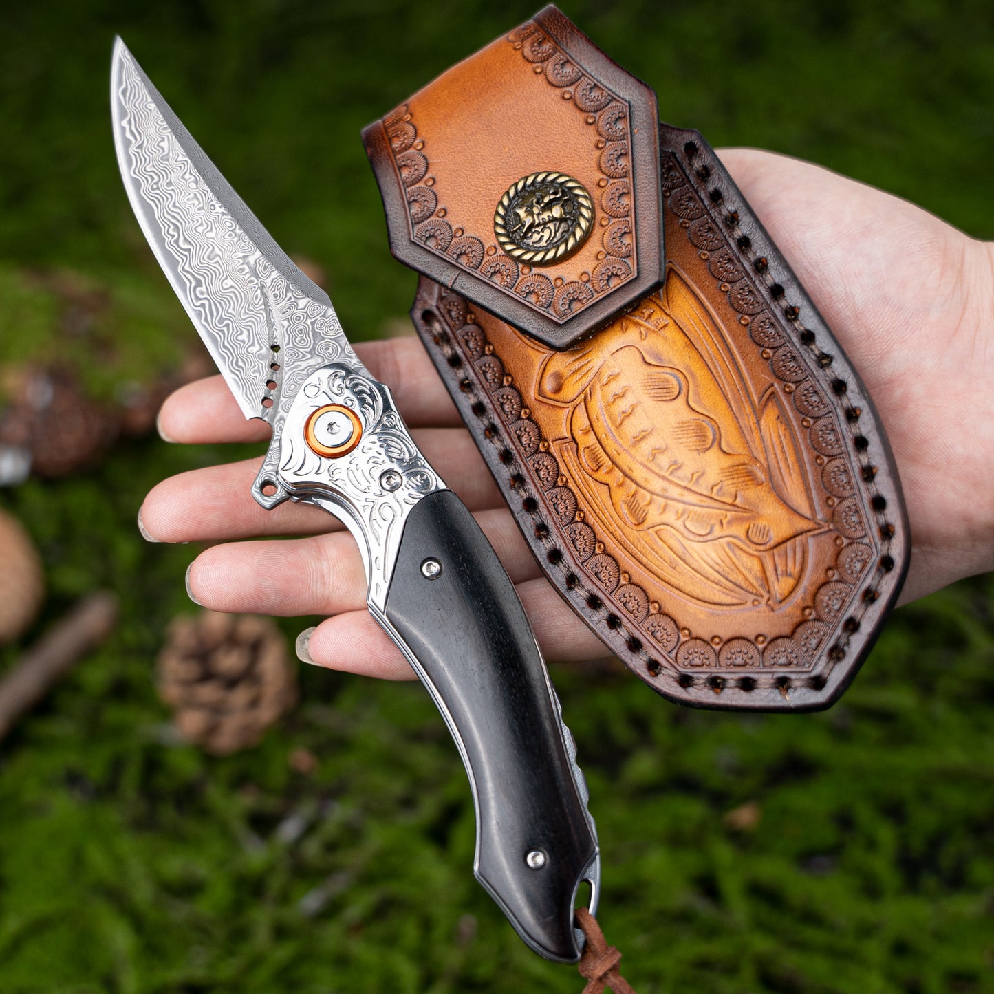 LOTHAR TUNA Damascus Folding Knife, Damascus Pocket Knife Made of 67 Layers of VG10 Damascus Steel, One-Handed Knife with Sharp Blade and Rosewood Handle, Belt Clip, for Collection or Gift