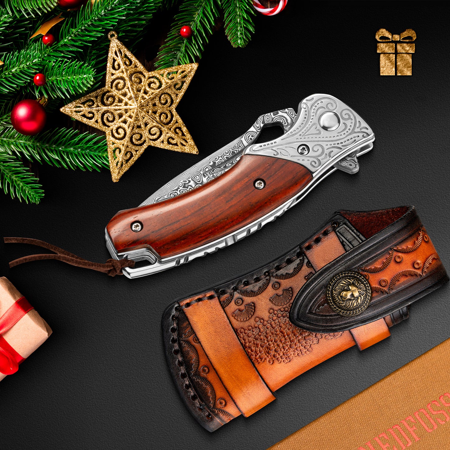 NedFoss HERON Damascus Pocket Knife, Damascus Folding Knife with Yellow Sandalwood Handle with Beautiful Pattern, Mini One-Handed Knife with Sheath, Sharp Outdoor Knives for Hunting, Camping and Collecting