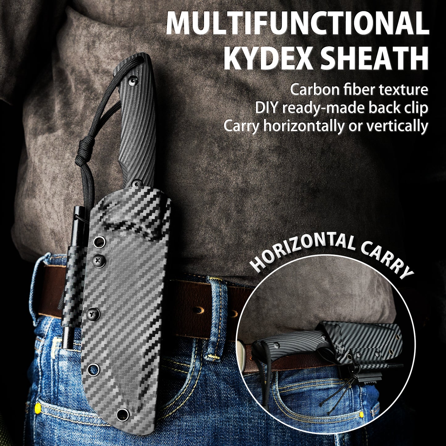 LOTHAR Couteau de survie pour homme, lame D2 pleine soie, lame fixe, couteau de chasse avec étui Kydex et manche G10, couteau de chasse pour le camping et les activités de plein air, cadeau de Noël pour homme, papa, mari