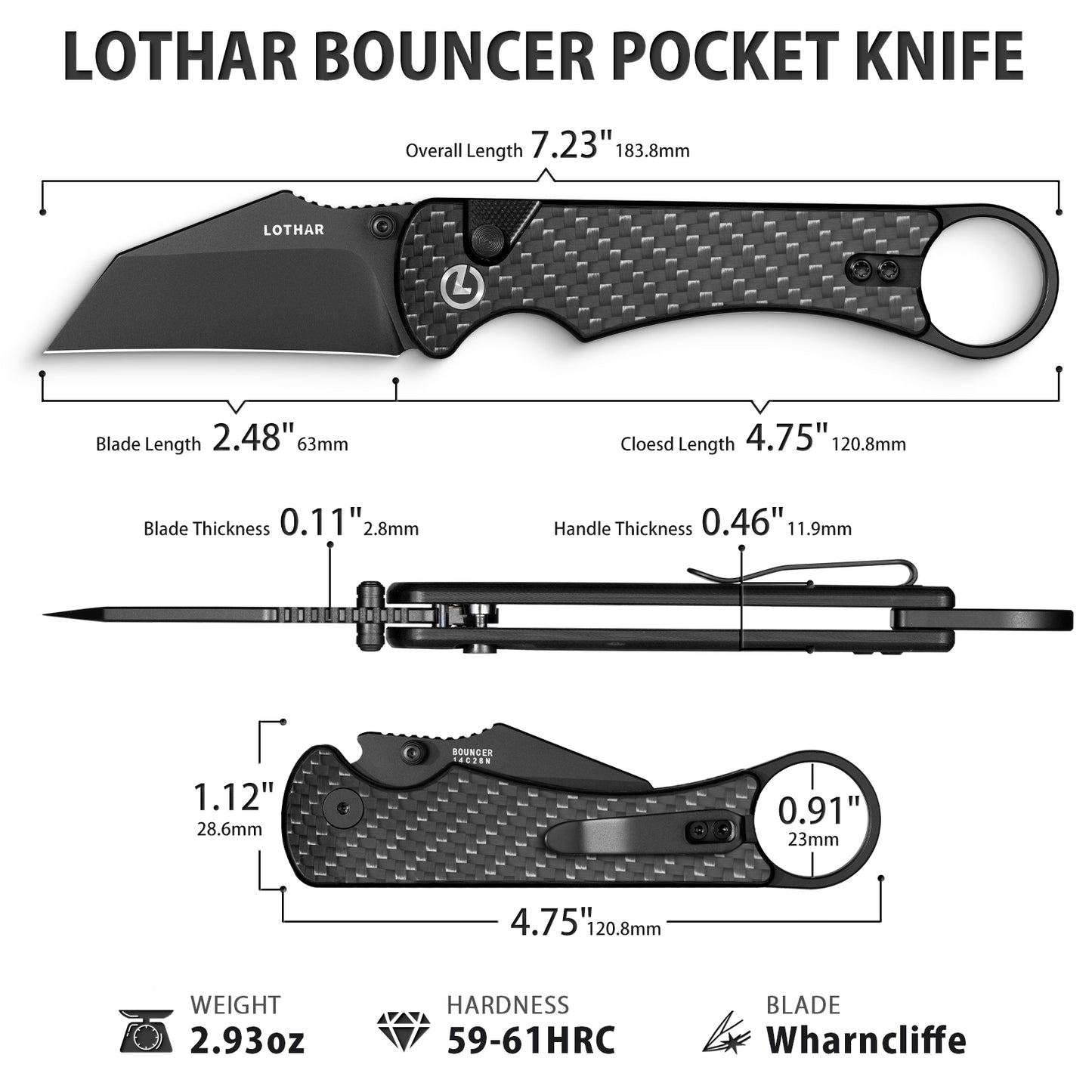 LOTHAR BOUNCER 2.48" 14C28N Steel Tactical Folding Knife with Micarta Handle, Reversible Pocket Clip