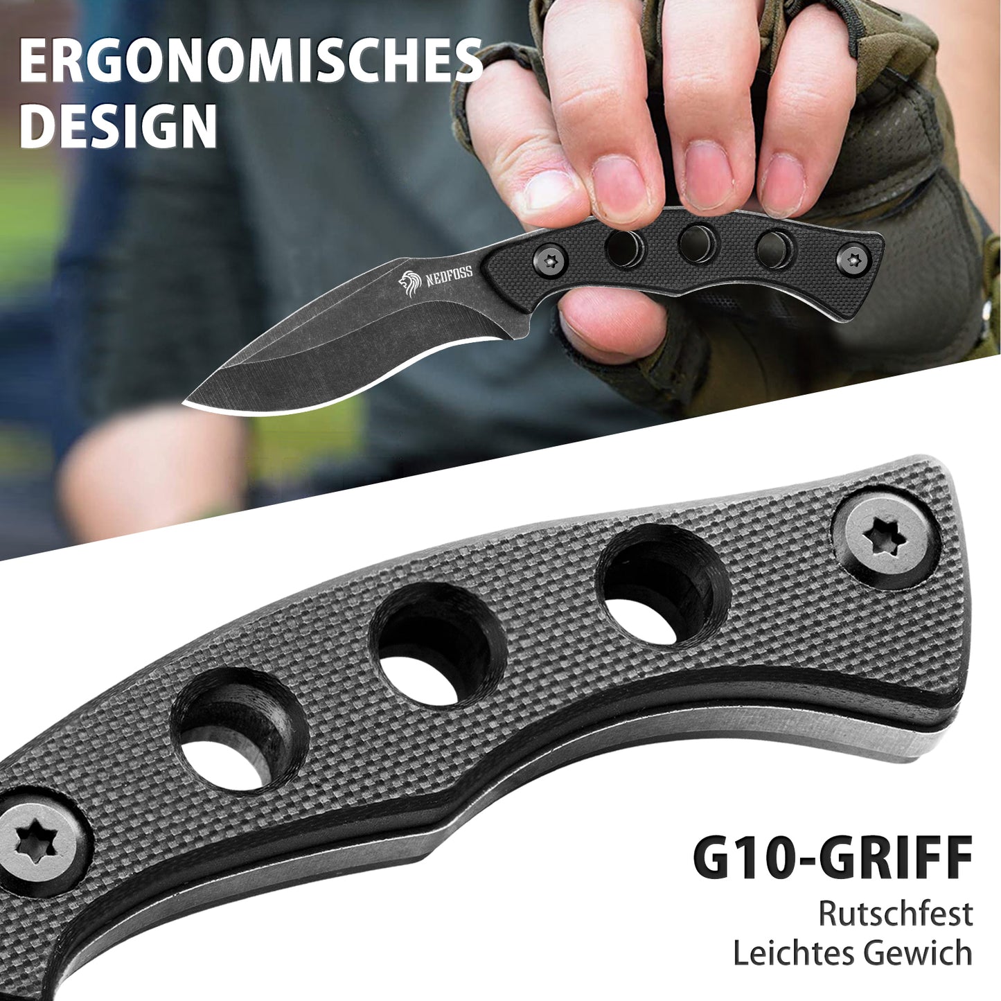 NedFoss SQUIRREL Couteau de cou avec chaîne, pleine soie, mini couteau d'extérieur, couteau Bushcraft avec étui Kydex noir