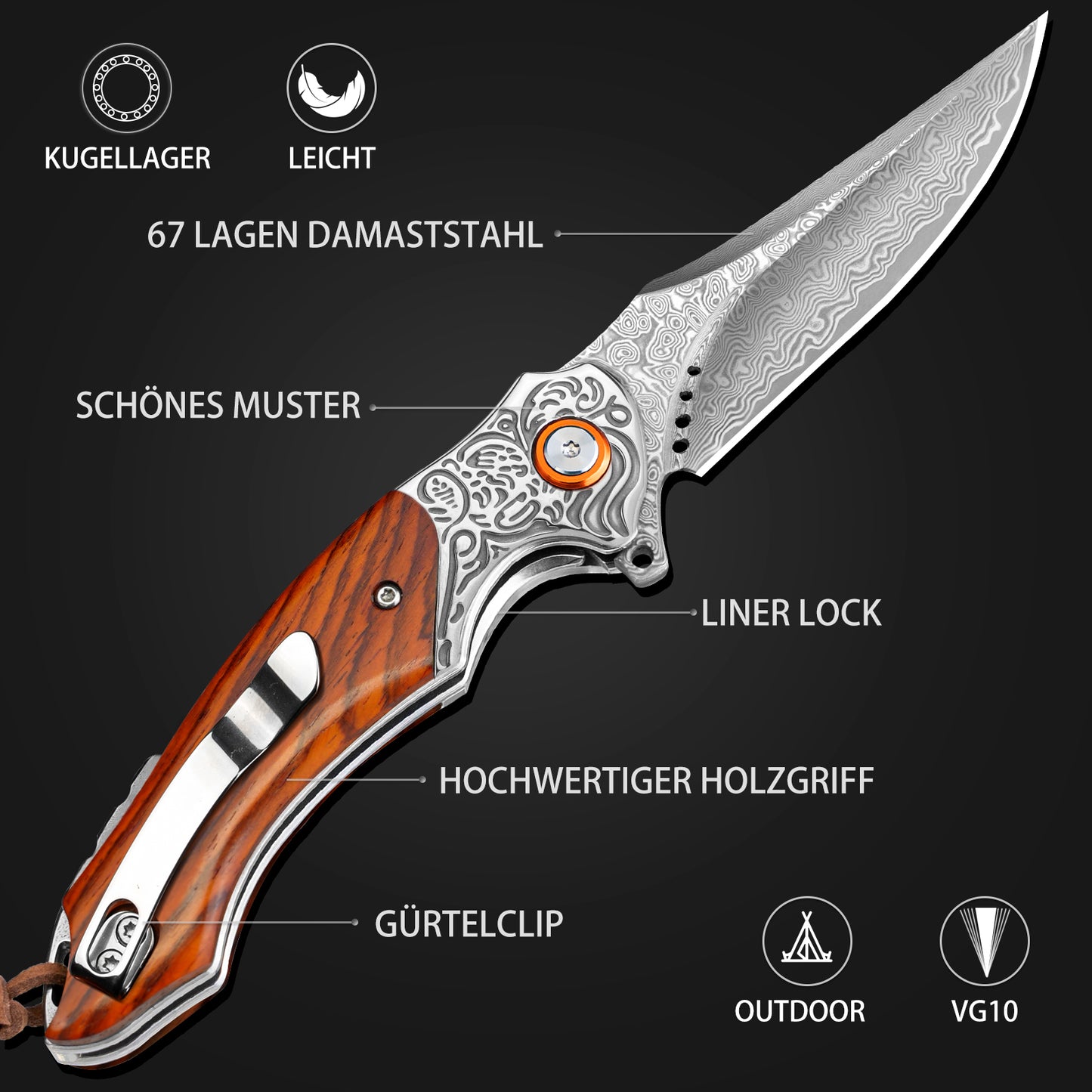 LOTHAR TUNA Damascus Folding Knife, Damascus Pocket Knife Made of 67 Layers of VG10 Damascus Steel, One-Handed Knife with Sharp Blade and Rosewood Handle, Belt Clip, for Collection or Gift