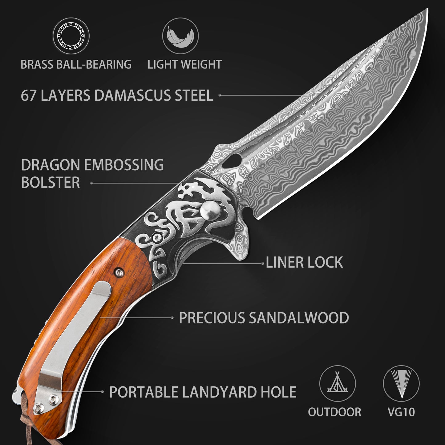 Couteau pliant en acier Damas LOTHAR RHAEGAL, couteau de poche extérieur de haute qualité en acier Damas VG10 à 67 couches, couteau de poche Damas haut de gamme avec manche en bois pour la chasse, idéal comme collection et cadeau (Bois de rose)