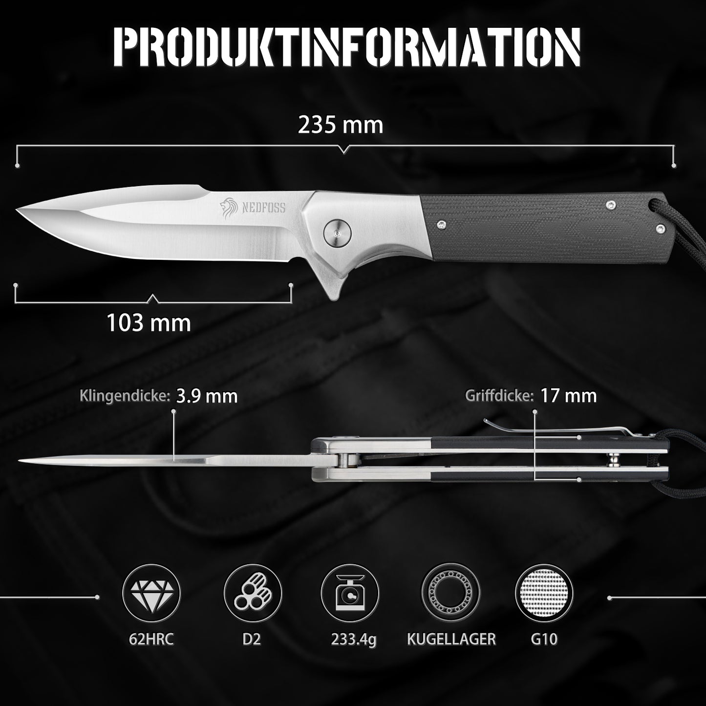 NedFoss BEAST Folding Knife, 10cm D2 Steel Blade Pocket Knife with G10 Handle, One-Handed Knife with Liner Lock & Ball Bearings, Outdoor Knife with Clip, Survival Knife for Collection & Gift