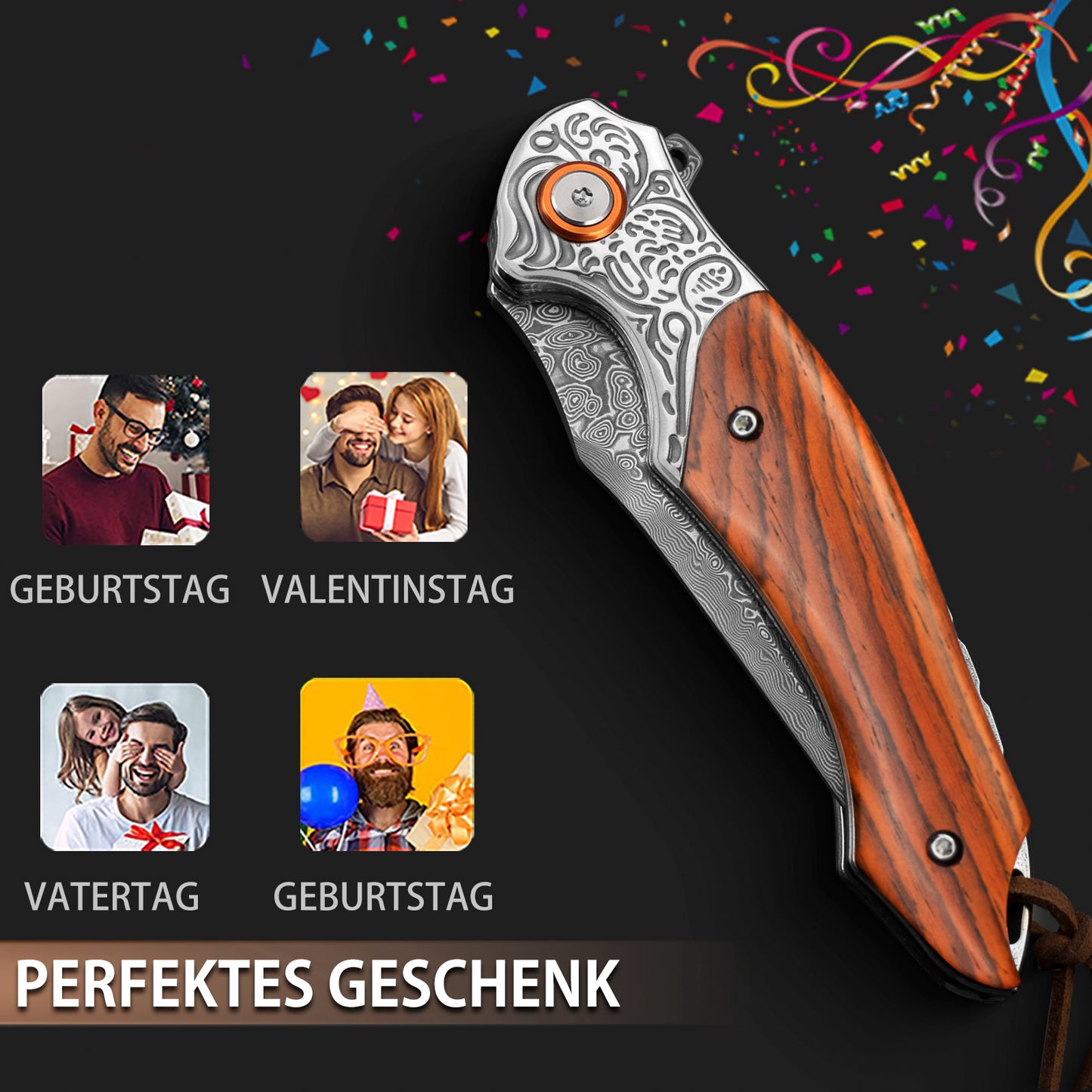 LOTHAR TUNA Damascus Folding Knife, Damascus Pocket Knife Made of 67 Layers of VG10 Damascus Steel, One-Handed Knife with Sharp Blade and Rosewood Handle, Belt Clip, for Collection or Gift