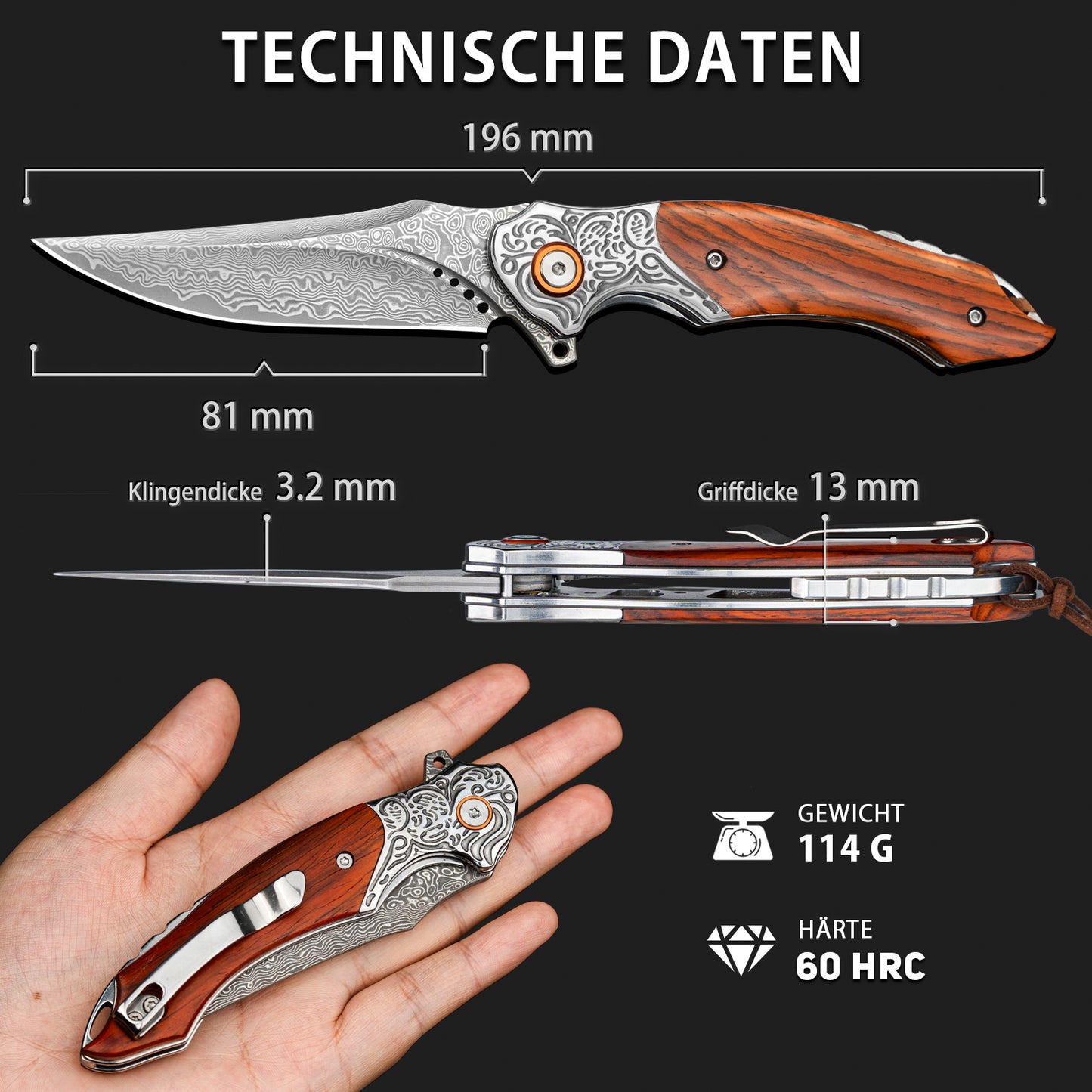 LOTHAR TUNA Damascus Folding Knife, Damascus Pocket Knife Made of 67 Layers of VG10 Damascus Steel, One-Handed Knife with Sharp Blade and Rosewood Handle, Belt Clip, for Collection or Gift