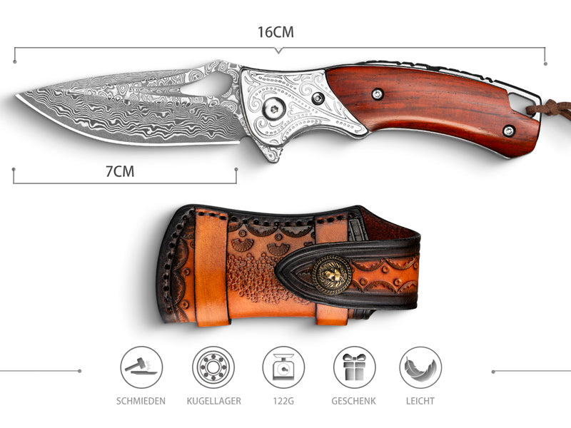 NedFoss HERON Damascus Pocket Knife, Damascus Folding Knife with Yellow Sandalwood Handle with Beautiful Pattern, Mini One-Handed Knife with Sheath, Sharp Outdoor Knives for Hunting, Camping and Collecting