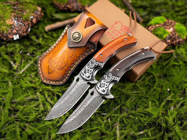 Couteau pliant en acier Damas LOTHAR RHAEGAL, couteau de poche extérieur de haute qualité en acier Damas VG10 à 67 couches, couteau de poche Damas haut de gamme avec manche en bois pour la chasse, idéal comme collection et cadeau (Bois de rose)