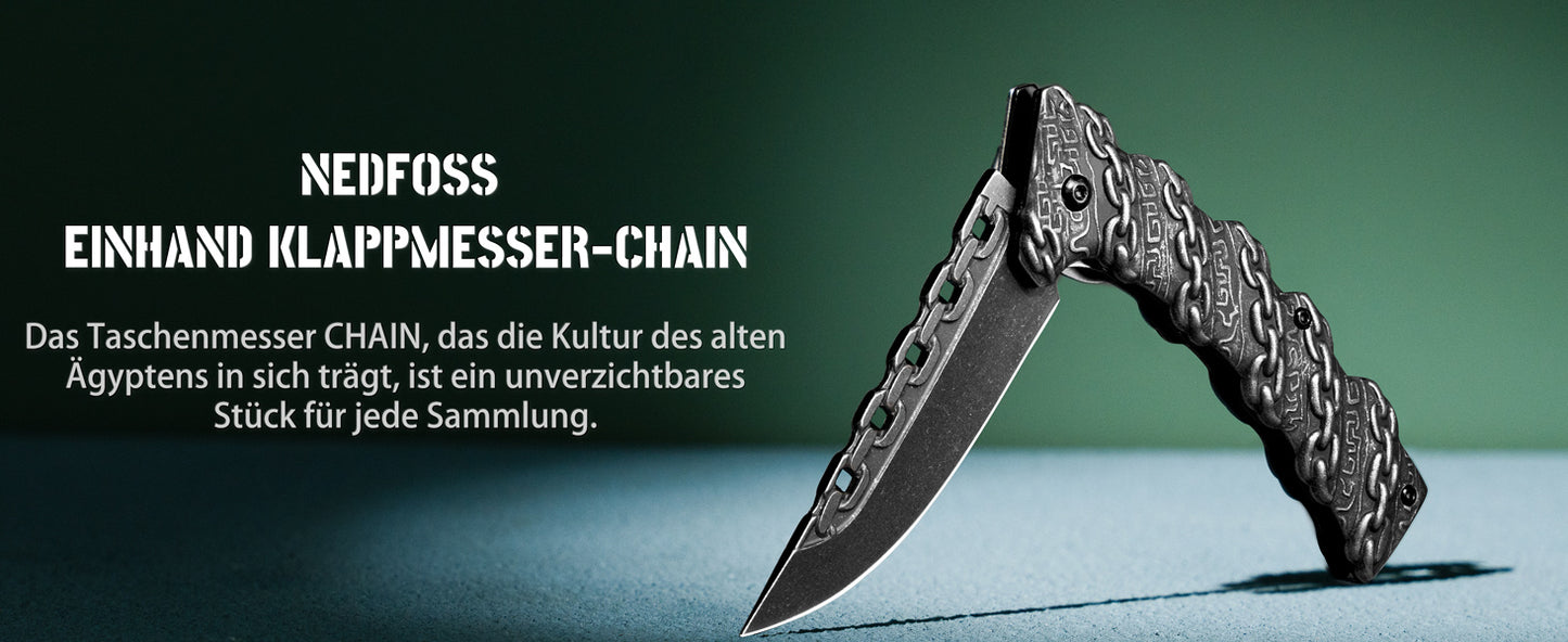 NedFoss CHAIN Folding Knife, Sharp Pocket Knife, Outdoor Knife with Unique Appearance, Outdoor Knife, Camping Knife with Liner Lock