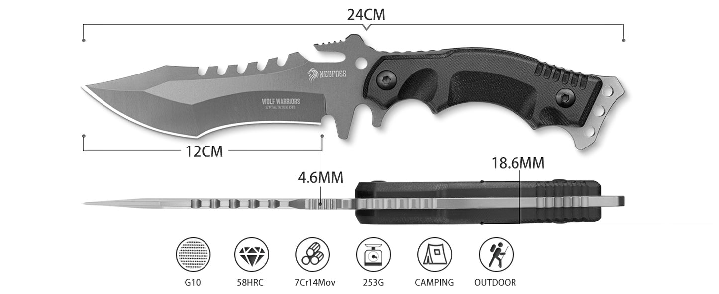 NedFoss WOLF Outdoor Survival Knife, Tactical Belt Knife, Survival Bushcraft Knife, Premium Quality, Black
