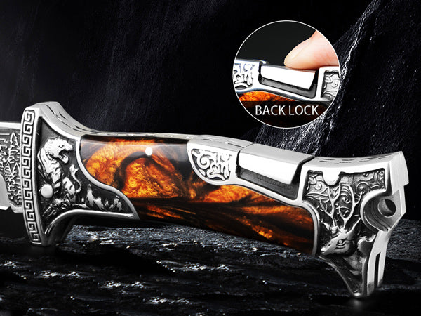 Nedfoss TIGER ROAR Two-Hand Folding Knife, TIGER ROAR Pocket Knife with Belt Clip, EDC Knife with Back Lock, Outdoor & Hunting Folding Knife in Beautiful Design, Sharp