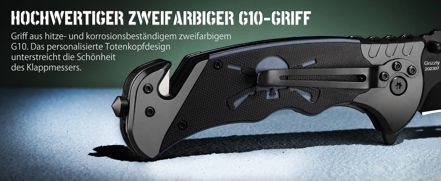 NedFoss GRIZZLY Couteau de poche 3 EN 1, couteau de sauvetage avec coupe-ceinture et brise-vitre, couteau pliant avec clip ceinture, couteau de survie extérieur pour voiture, couteau à une main, couteau de survie, couteau de sauvetage