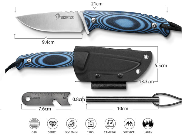 Couteau d'extérieur NedFoss HYENAS, couteau de survie pleine soie de 9 cm avec étui Kydex, couteau de bushcraft tranchant avec manche G10 antidérapant, couteau de chasse, couteau de randonnée
