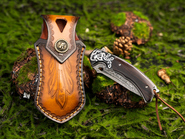 Couteau pliant en acier Damas LOTHAR RHAEGAL, couteau de poche extérieur de haute qualité en acier Damas VG10 à 67 couches, couteau de poche Damas haut de gamme avec manche en bois pour la chasse, idéal comme collection et cadeau (Bois de rose)