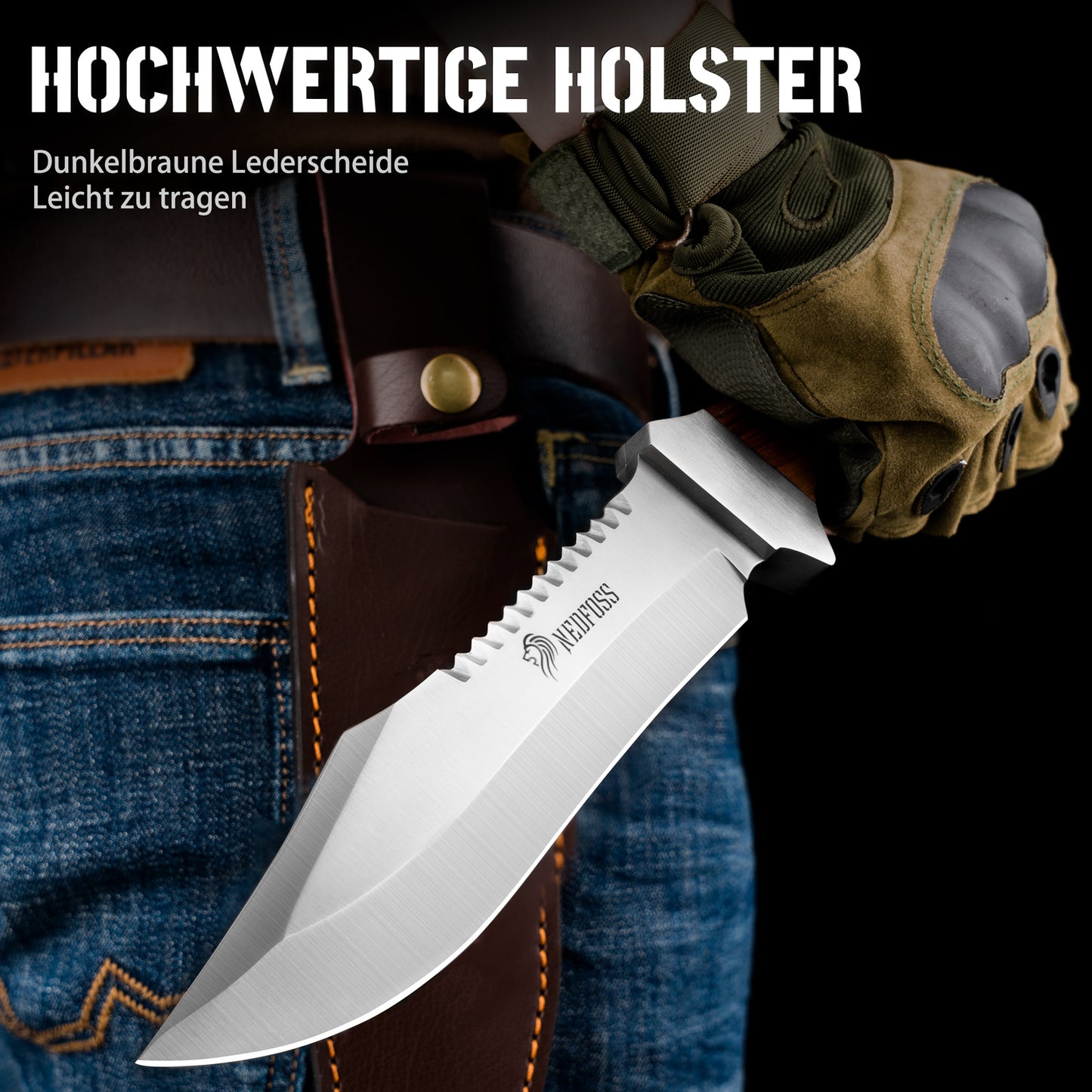 NedFoss JUNGLE-KING Hunting Knife, 33cm Fixed Outdoor Knife with Wooden Handle, Full Tang Bowie Knife with Holster, Large Survival Knife, Rambo Knife, Bushcraft Knife