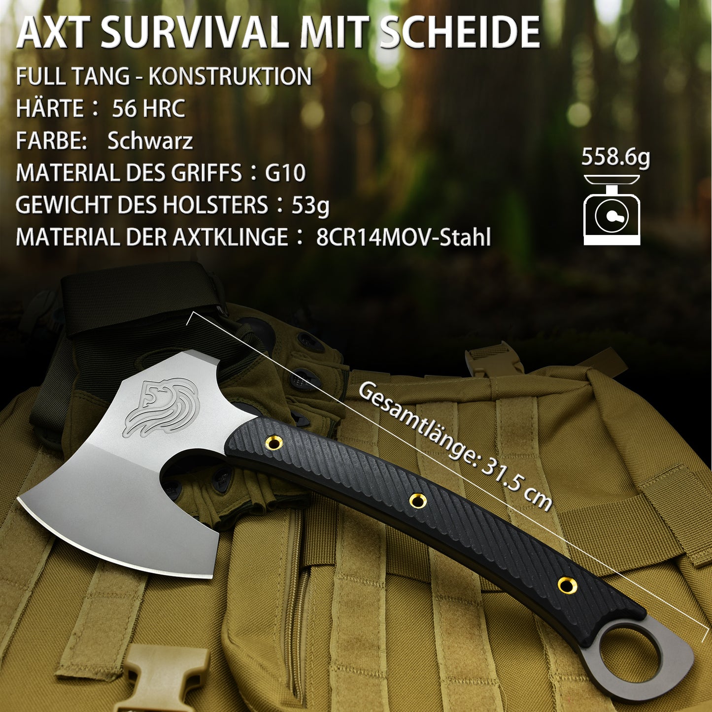 NedFoss VIKINGS Tomahawk, hache tactique Full Tang de 31,5 cm, hache viking aiguisée avec manche G10, hache tomahawk, hache de combat, hache tactique, hache de camping, hache de survie, hache de guerre, hache de barbe, hache viking avec étui