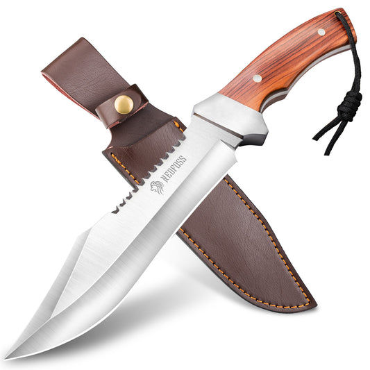 NedFoss JUNGLE-KING Hunting Knife, 33cm Fixed Outdoor Knife with Wooden Handle, Full Tang Bowie Knife with Holster, Large Survival Knife, Rambo Knife, Bushcraft Knife