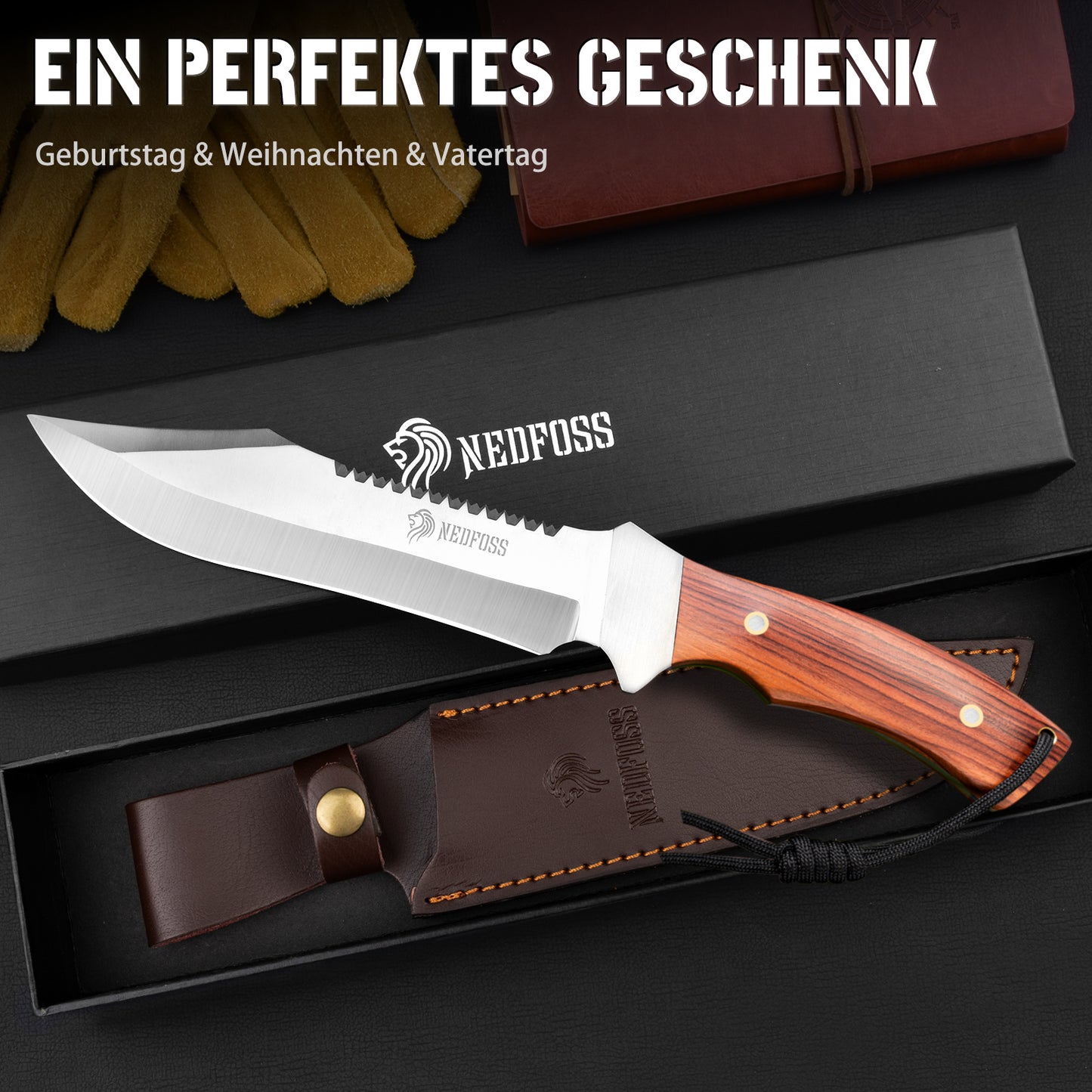 NedFoss JUNGLE-KING Hunting Knife, 33cm Fixed Outdoor Knife with Wooden Handle, Full Tang Bowie Knife with Holster, Large Survival Knife, Rambo Knife, Bushcraft Knife