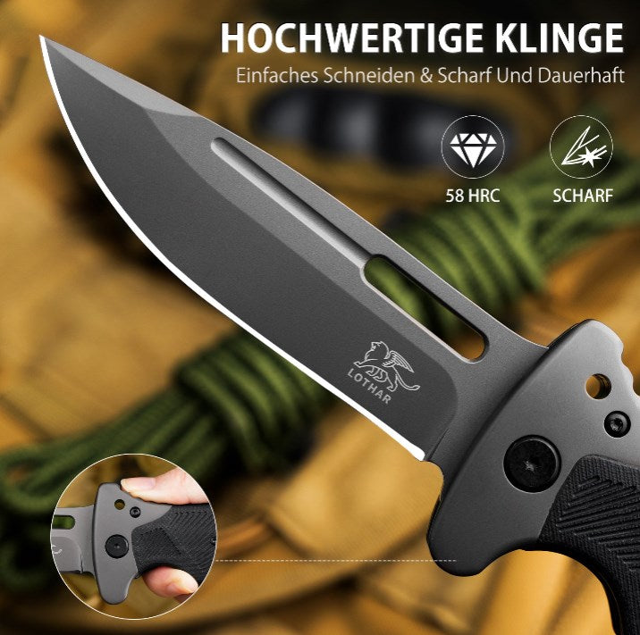 LOTHAR RHINO Folding Knife, 10.3cm Large Pocket Knife with G10 Handle, Liner Lock, Outdoor Survival Knife with Clip for Camping, Bushcraft, Robust & Durable