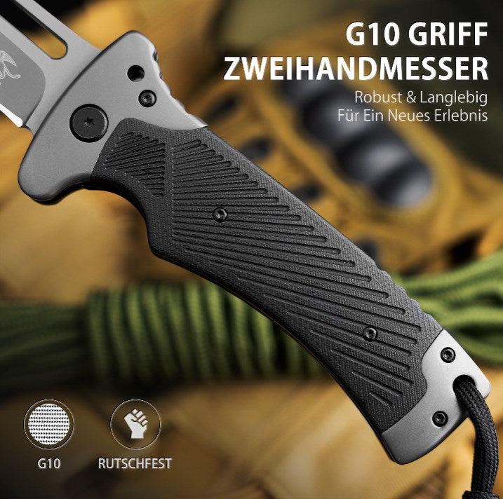 LOTHAR RHINO Folding Knife, 10.3cm Large Pocket Knife with G10 Handle, Liner Lock, Outdoor Survival Knife with Clip for Camping, Bushcraft, Robust & Durable