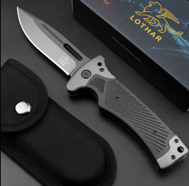 LOTHAR RHINO Folding Knife, 10.3cm Large Pocket Knife with G10 Handle, Liner Lock, Outdoor Survival Knife with Clip for Camping, Bushcraft, Robust & Durable