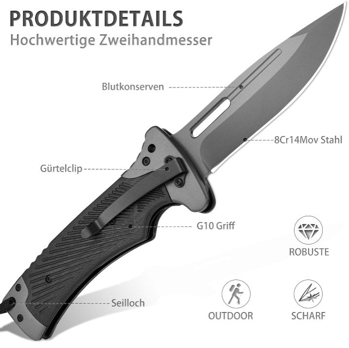LOTHAR RHINO Folding Knife, 10.3cm Large Pocket Knife with G10 Handle, Liner Lock, Outdoor Survival Knife with Clip for Camping, Bushcraft, Robust & Durable