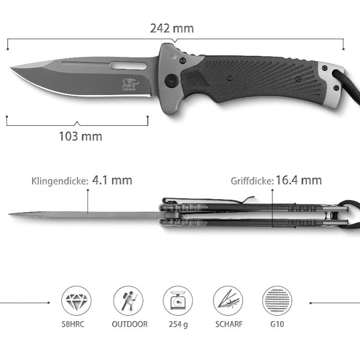 LOTHAR RHINO Folding Knife, 10.3cm Large Pocket Knife with G10 Handle, Liner Lock, Outdoor Survival Knife with Clip for Camping, Bushcraft, Robust & Durable