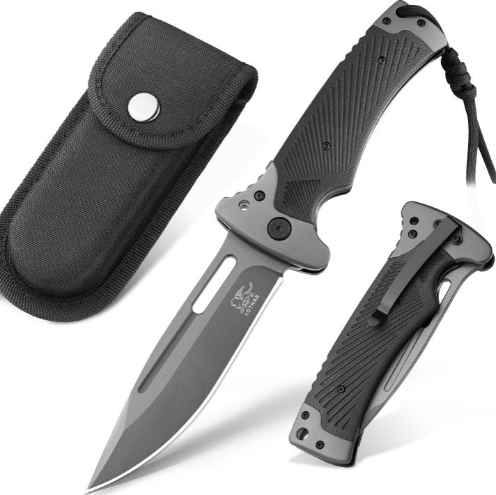 LOTHAR RHINO Folding Knife, 10.3cm Large Pocket Knife with G10 Handle, Liner Lock, Outdoor Survival Knife with Clip for Camping, Bushcraft, Robust & Durable