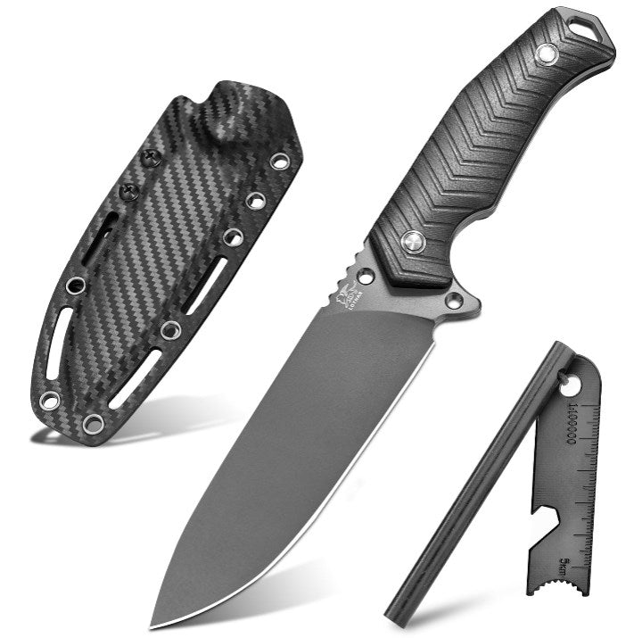 LOTHAR BAT Outdoor Knife Fixed Blade, 12CM Full Tang Hunting Knife D2 Steel, Bushcraft Knife with G10 Handle & Fire Starter, Survival Knife incl. Kydex Sheath, Tactical Knife, Fishing Knife