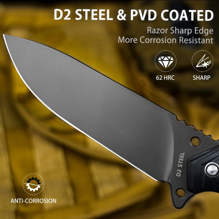 LOTHAR BAT Outdoor Knife Fixed Blade, 12CM Full Tang Hunting Knife D2 Steel, Bushcraft Knife with G10 Handle & Fire Starter, Survival Knife incl. Kydex Sheath, Tactical Knife, Fishing Knife