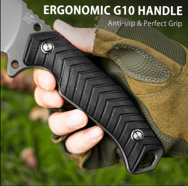 LOTHAR BAT Outdoor Knife Fixed Blade, 12CM Full Tang Hunting Knife D2 Steel, Bushcraft Knife with G10 Handle & Fire Starter, Survival Knife incl. Kydex Sheath, Tactical Knife, Fishing Knife