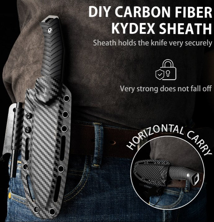 LOTHAR BAT Outdoor Knife Fixed Blade, 12CM Full Tang Hunting Knife D2 Steel, Bushcraft Knife with G10 Handle & Fire Starter, Survival Knife incl. Kydex Sheath, Tactical Knife, Fishing Knife