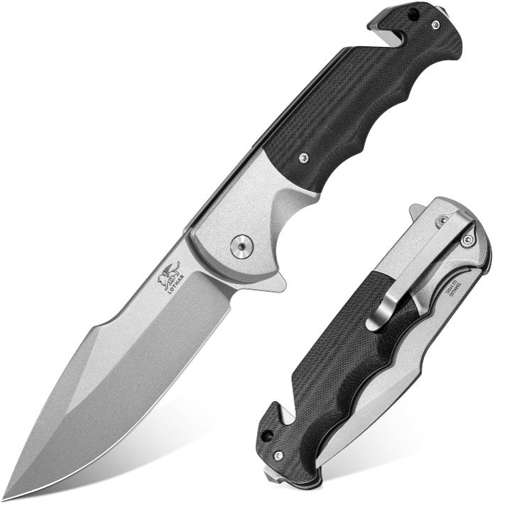 LOTHAR SMAUG Folding Knife One-Handed Knife, 9.5mm D2 Steel Rescue Knife with G10 Handle, Pocket Knife with Glass Breaker and Belt Cutter, Liner Lock, Survival Knife for Car with Clip