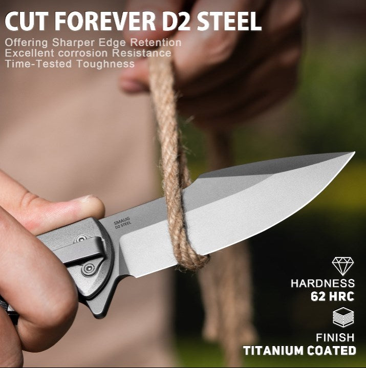 LOTHAR SMAUG Folding Knife One-Handed Knife, 9.5mm D2 Steel Rescue Knife with G10 Handle, Pocket Knife with Glass Breaker and Belt Cutter, Liner Lock, Survival Knife for Car with Clip