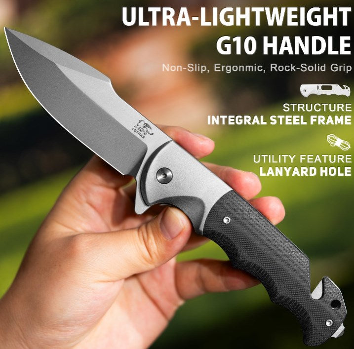 LOTHAR SMAUG Folding Knife One-Handed Knife, 9.5mm D2 Steel Rescue Knife with G10 Handle, Pocket Knife with Glass Breaker and Belt Cutter, Liner Lock, Survival Knife for Car with Clip