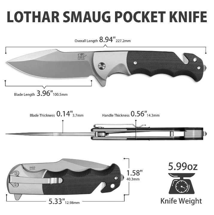LOTHAR SMAUG Folding Knife One-Handed Knife, 9.5mm D2 Steel Rescue Knife with G10 Handle, Pocket Knife with Glass Breaker and Belt Cutter, Liner Lock, Survival Knife for Car with Clip