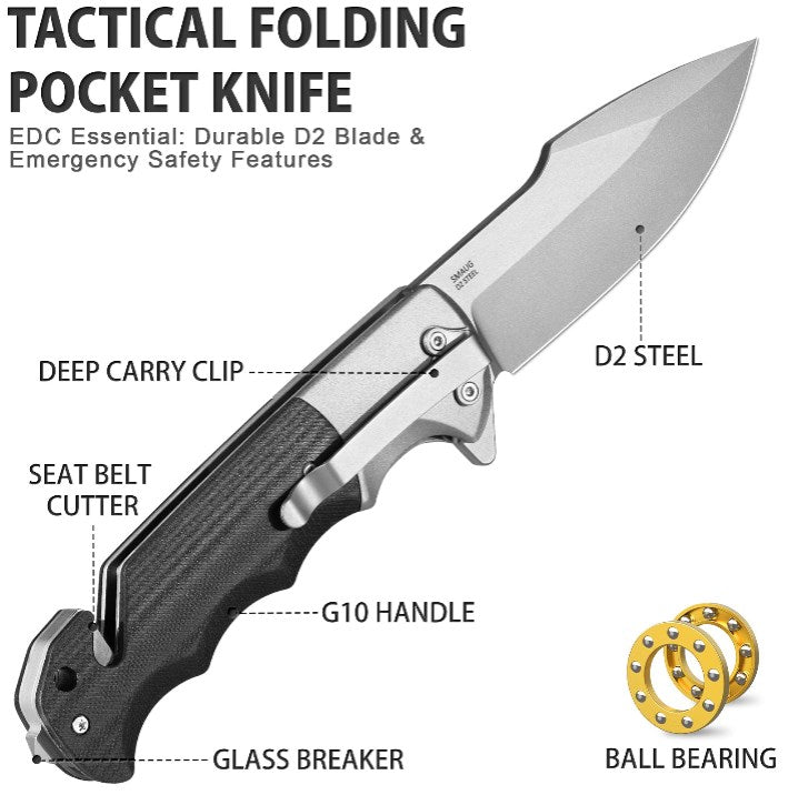 LOTHAR SMAUG Folding Knife One-Handed Knife, 9.5mm D2 Steel Rescue Knife with G10 Handle, Pocket Knife with Glass Breaker and Belt Cutter, Liner Lock, Survival Knife for Car with Clip