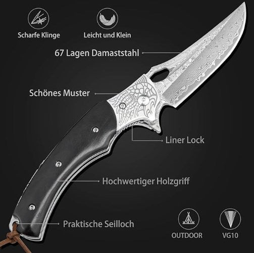 Couteau de poche LOTHAR KRAKEN, couteau pliant Damas en 67 couches d'acier Damas VG10, couteau de poche Damas avec lame tranchante et manche en ébène, couteau Damas pour collection ou cadeau (ébène)