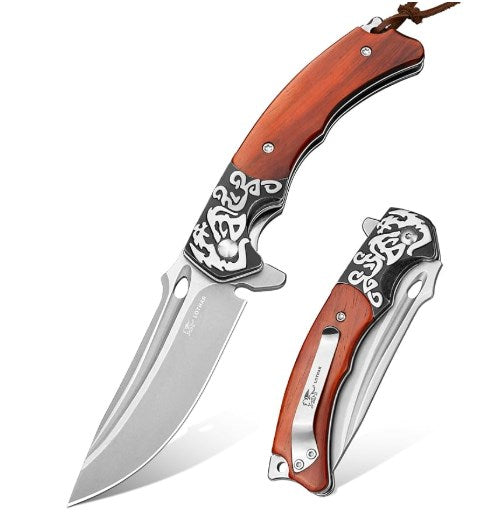 LOTHAR RHAEGAL Folding Knife, 8.9CM 14C28N Steel Pocket Knife with Wooden Handle, EDC Knife, Belt Clip, Ideal for Collection or Gift (Ebony)