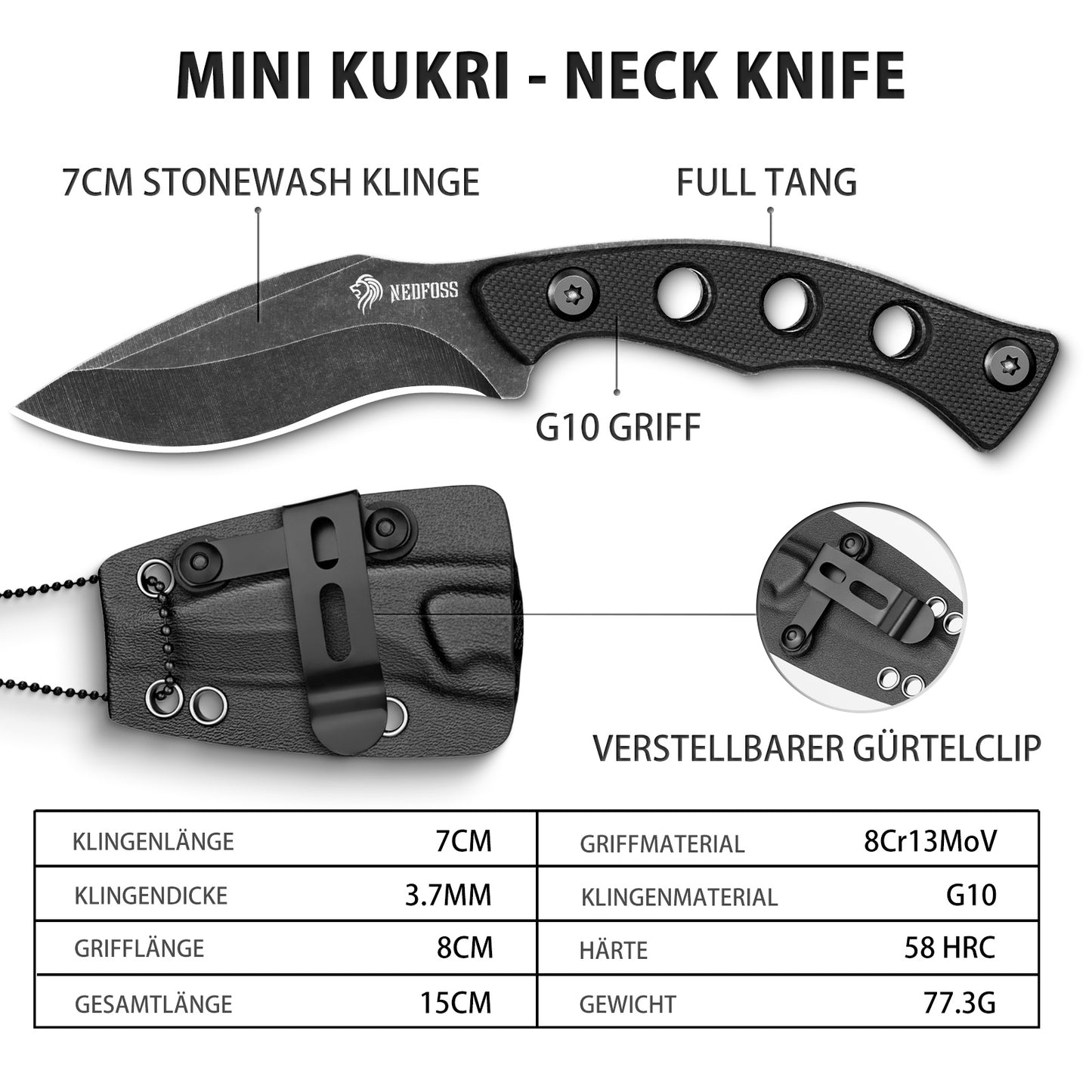 NedFoss SQUIRREL Couteau de cou avec chaîne, pleine soie, mini couteau d'extérieur, couteau Bushcraft avec étui Kydex noir