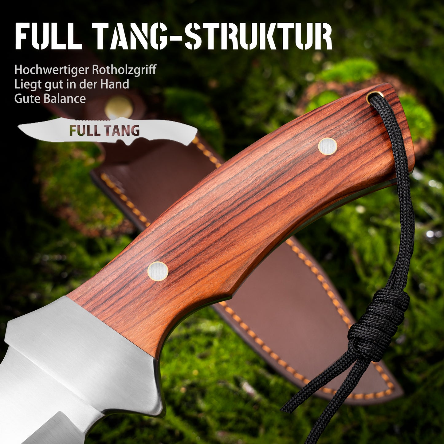NedFoss JUNGLE-KING Hunting Knife, 33cm Fixed Outdoor Knife with Wooden Handle, Full Tang Bowie Knife with Holster, Large Survival Knife, Rambo Knife, Bushcraft Knife