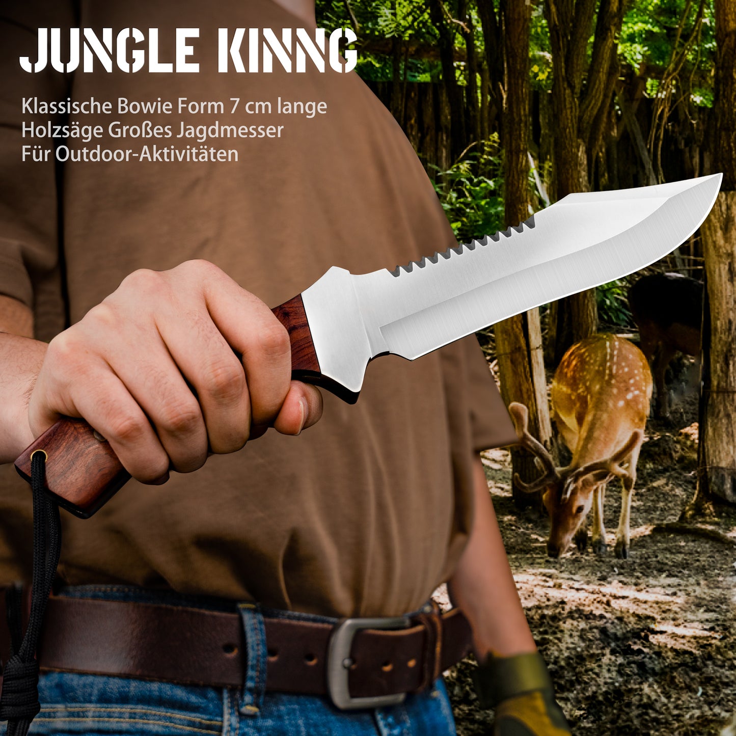 NedFoss JUNGLE-KING Hunting Knife, 33cm Fixed Outdoor Knife with Wooden Handle, Full Tang Bowie Knife with Holster, Large Survival Knife, Rambo Knife, Bushcraft Knife